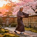 Elderly man practicing Tai Chi in a serene Japanese garden during cherry blossom season with sunlight filtering through trees.