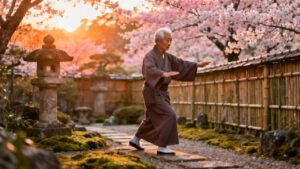 Elderly man practicing Tai Chi in a serene Japanese garden during cherry blossom season with sunlight filtering through trees.