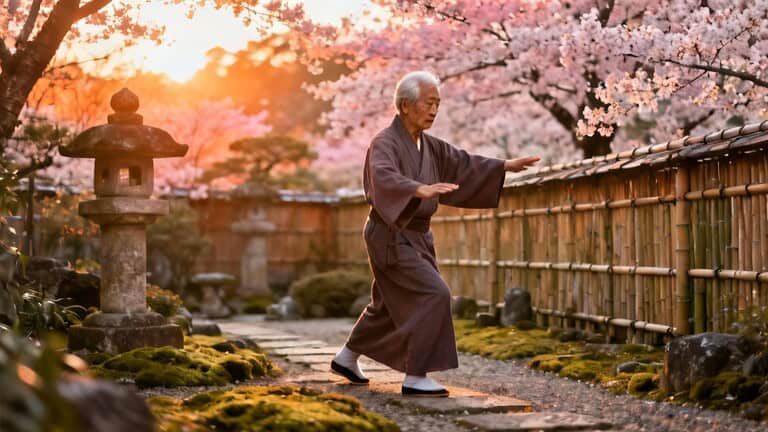 Elderly man practicing Tai Chi in a serene Japanese garden during cherry blossom season with sunlight filtering through trees.