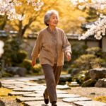 Peaceful elderly woman walking in a beautiful garden with cherry blossoms and traditional Japanese landscape elements during spring.