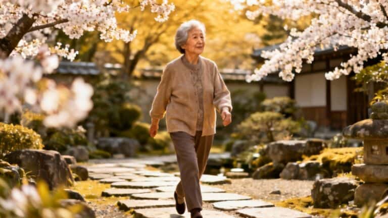 Peaceful elderly woman walking in a beautiful garden with cherry blossoms and traditional Japanese landscape elements during spring.