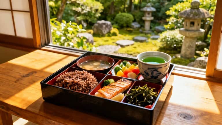 Fresh Japanese breakfast served in a traditional bento box with rice, salmon, miso soup, vegetables, and green tea, overlooking a peaceful Japanese garden.