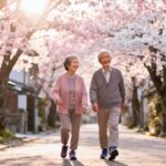 Gentle elderly couple walking under blooming cherry blossom trees in a peaceful neighborhood, enjoying outdoor stretching and daily walking routines for senior wellness and healthy aging.