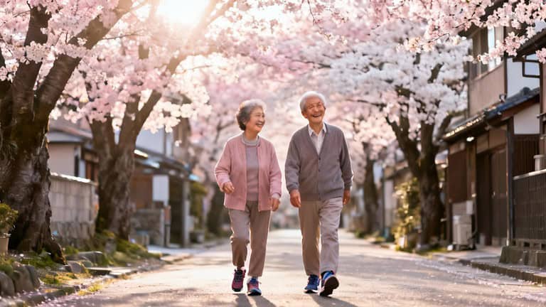 Gentle elderly couple walking under blooming cherry blossom trees in a peaceful neighborhood, enjoying outdoor stretching and daily walking routines for senior wellness and healthy aging.