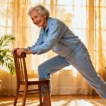 Older woman performing chair stretching exercises in a cozy living room for senior fitness and flexibility work.