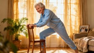 Older woman performing chair stretching exercises in a cozy living room for senior fitness and flexibility work.