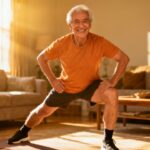 Elderly man stretching at home during morning, doing stretching exercises for seniors, indoor stretching routine for flexibility and mobility, healthy aging workout, relaxing stretching session.