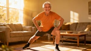 Elderly man stretching at home during morning, doing stretching exercises for seniors, indoor stretching routine for flexibility and mobility, healthy aging workout, relaxing stretching session.