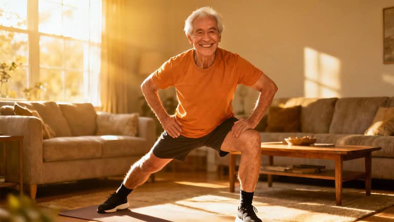 Elderly man stretching at home during morning, doing stretching exercises for seniors, indoor stretching routine for flexibility and mobility, healthy aging workout, relaxing stretching session.