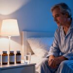 A man in pajamas sitting on a bed with natural light from a lamp, four medicine bottles, and a glass of water, emphasizing relaxation and health tips.
