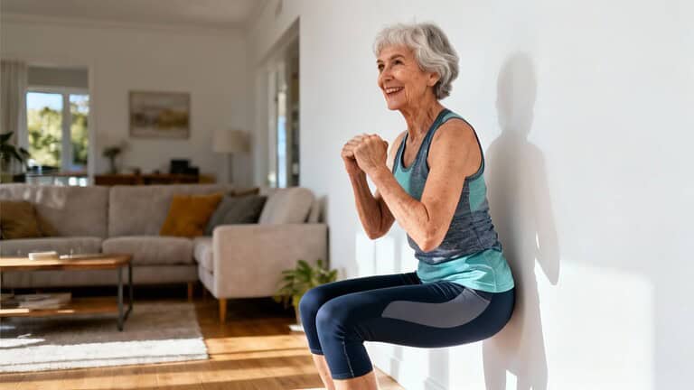 Gentle elderly woman doing seated stretching exercise at home, promoting flexibility and mobility for seniors, in a bright and cozy living room.