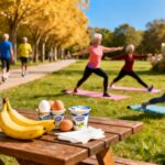 Fresh fruits and eggs on a wooden table with a scenic park background featuring seniors practicing outdoor yoga, illustrating healthy lifestyle and daily stretching routines for seniors.
