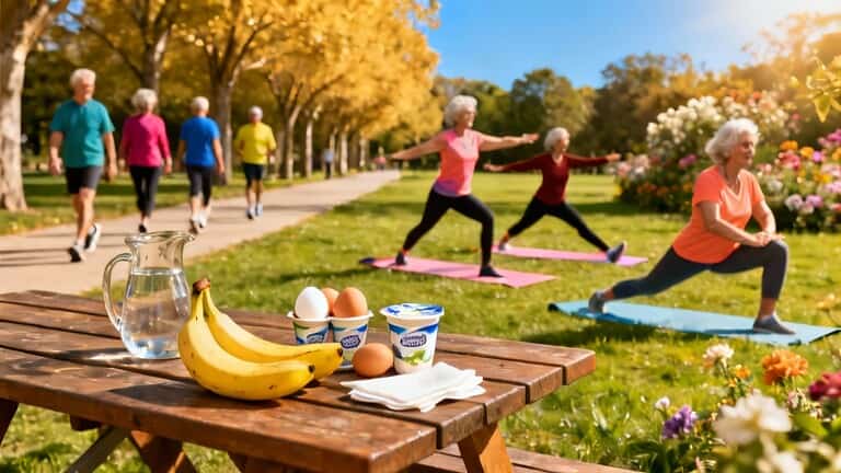 Fresh fruits and eggs on a wooden table with a scenic park background featuring seniors practicing outdoor yoga, illustrating healthy lifestyle and daily stretching routines for seniors.