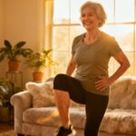 Gentle elderly woman doing indoor stretching exercises in cozy living room, promoting senior fitness, flexibility, and health.
