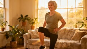 Gentle elderly woman doing indoor stretching exercises in cozy living room, promoting senior fitness, flexibility, and health.