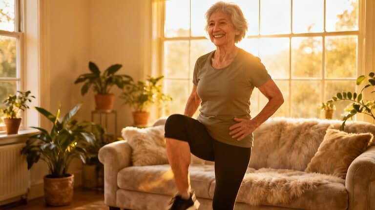 Gentle elderly woman doing indoor stretching exercises in cozy living room, promoting senior fitness, flexibility, and health.