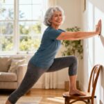 Gentle senior woman practicing stretching exercises at home, shoulder and hamstring stretch, staying flexible and active, indoor light-filled living room, promoting health and wellness for older adults.
