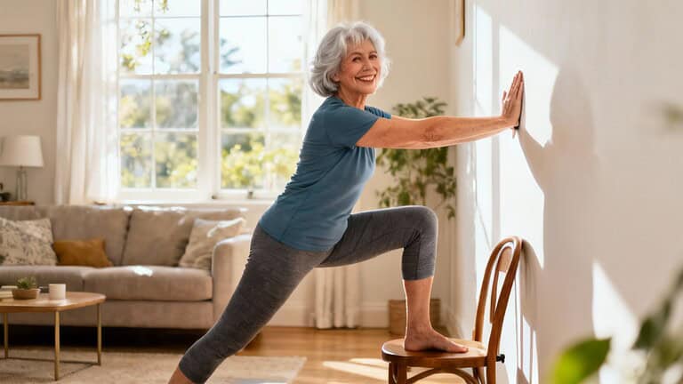 Gentle senior woman practicing stretching exercises at home, shoulder and hamstring stretch, staying flexible and active, indoor light-filled living room, promoting health and wellness for older adults.