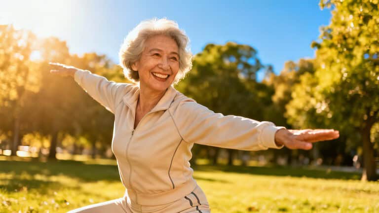 Elderly woman doing outdoor stretching exercises in a park on a sunny day, promoting health, flexibility, and daily stretching routines for seniors.