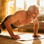 Elderly man doing push-up exercise at home, indoor fitness, senior strength training, dimensions of aging, healthy aging, stretching daily, staying active in older age, senior wellness, home workout routine, senior fitness tips, elderly fitness motivation.