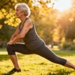 Stretching elderly woman outdoors in park during golden hour practicing yoga and flexibility exercises for seniors and boosting physical health.