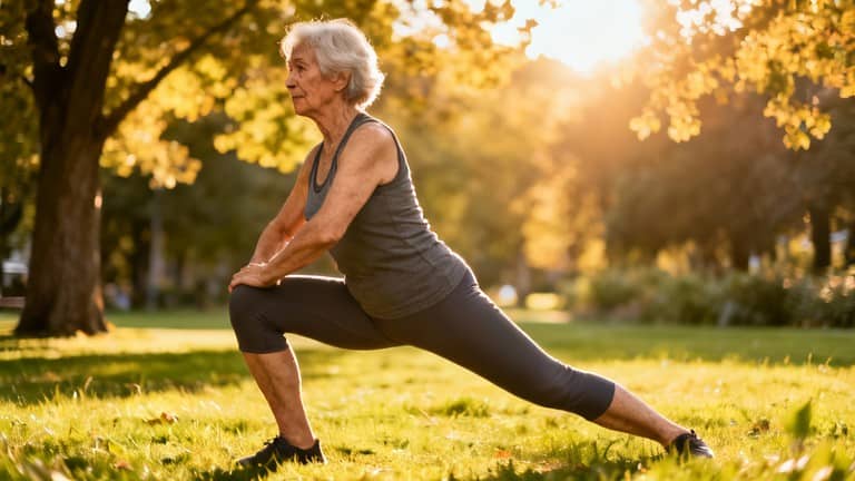 Stretching elderly woman outdoors in park during golden hour practicing yoga and flexibility exercises for seniors and boosting physical health.