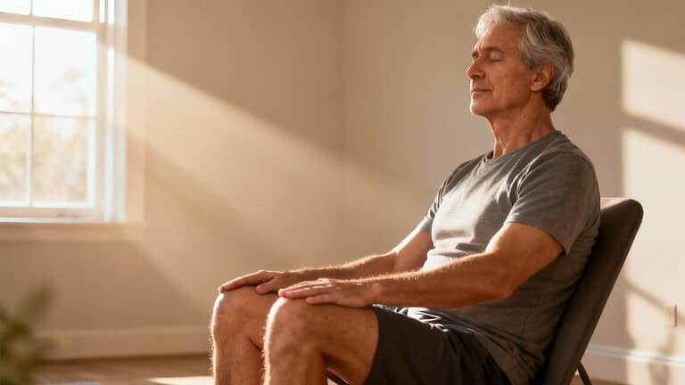 Relaxed senior man practicing seated stretching exercises in natural sunlight for improved flexibility and joint health. Ideal for staying active and healthy at any age.