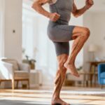 Elderly man performing a balance stretching exercise at home for flexibility and mobility enhancement.
