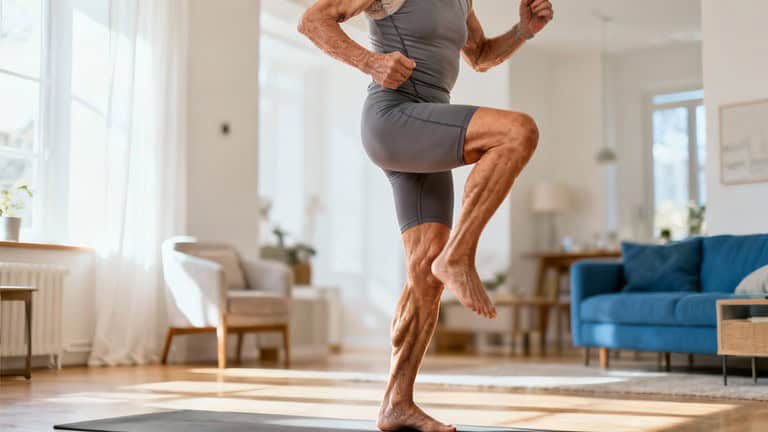 Elderly man performing a balance stretching exercise at home for flexibility and mobility enhancement.