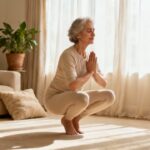 Senior woman practicing yoga squatting pose indoors for flexibility and relaxation.