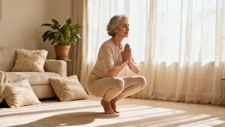 Senior woman practicing yoga squatting pose indoors for flexibility and relaxation.
