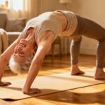 Elderly woman practicing yoga in downward dog pose on a yoga mat at home, promoting flexibility and overall health for seniors.
