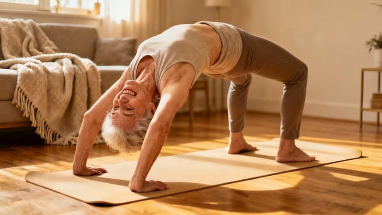 Elderly woman practicing yoga in downward dog pose on a yoga mat at home, promoting flexibility and overall health for seniors.