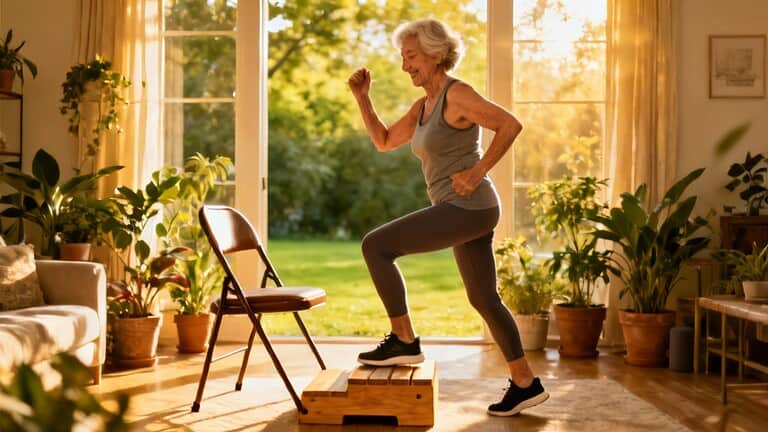 Senior woman performing indoor step aerobics in living room with sunlight streaming through large windows.