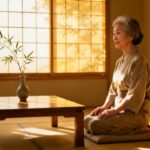 Serene elderly woman practicing mindfulness meditation in a traditional Japanese tatami room with shoji screens.