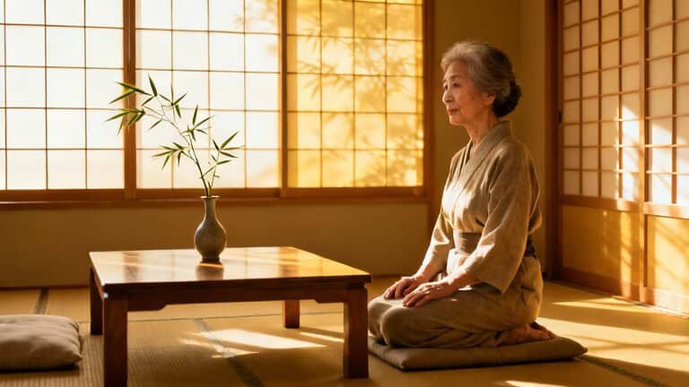 Serene elderly woman practicing mindfulness meditation in a traditional Japanese tatami room with shoji screens.