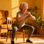 Elderly woman performing seated squat exercise for proper stretching and flexibility at home, in a well-lit living room surrounded by houseplants, promoting senior fitness and mobility.