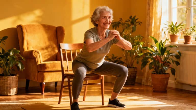 Elderly woman performing seated squat exercise for proper stretching and flexibility at home, in a well-lit living room surrounded by houseplants, promoting senior fitness and mobility.