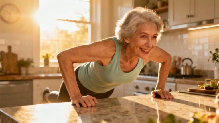 Elderly woman doing push-ups in her kitchen, demonstrating daily stretching and fitness routine for seniors, promoting health, flexibility, and active aging.