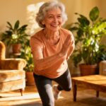 Elderly woman performing indoor stretching exercise in a cozy living room with plants and sunlight.