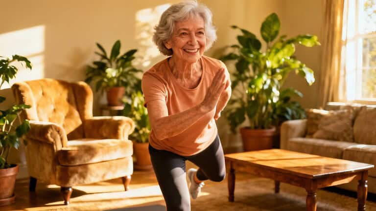 Elderly woman performing indoor stretching exercise in a cozy living room with plants and sunlight.