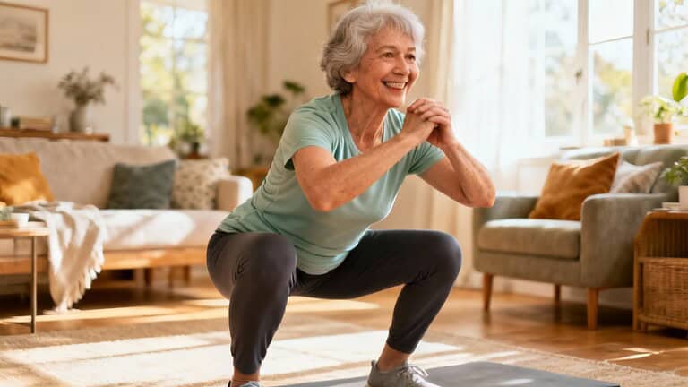 Older woman doing squats indoors, practicing stretching and strength exercises at home for senior fitness and mobility.