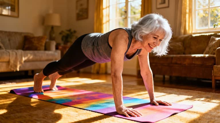 Elderly woman doing yoga stretching indoors, senior woman practicing daily stretching exercises at home for flexibility and health benefits, joyful senior woman engaging in stretching routine to improve mobility and well-being.