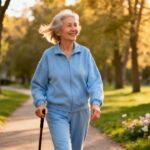 Elderly woman walking outdoors, smiling, practicing stretching exercises in a park during autumn, promoting active aging and flexibility.