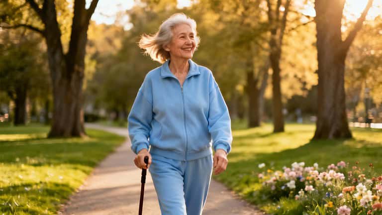 Elderly woman walking outdoors, smiling, practicing stretching exercises in a park during autumn, promoting active aging and flexibility.