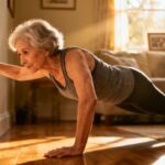 Elderly woman doing wall push-up for senior fitness, stretching, and strength training at home.