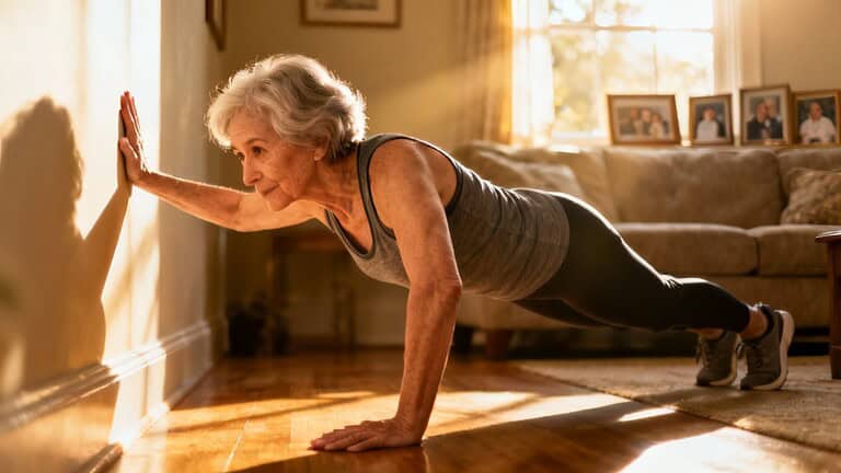 Elderly woman doing wall push-up for senior fitness, stretching, and strength training at home.