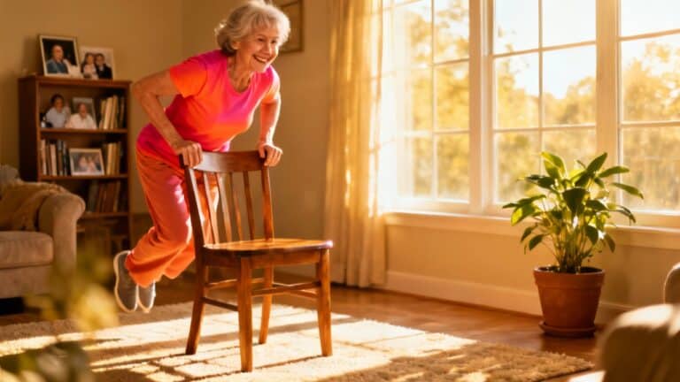 Stretching with a chair for seniors, elderly woman doing seated chair exercises at home, improving flexibility and mobility, indoor workout, senior wellness stretching routine.