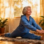Comfortable senior woman doing stretching exercises at home, elderly yoga, flexibility routine indoors.