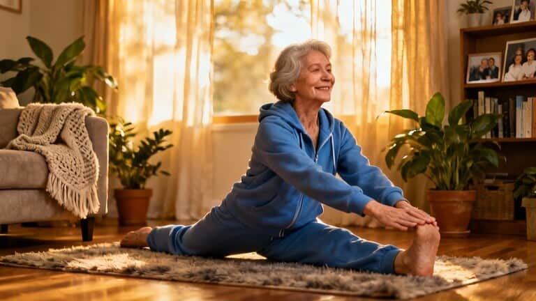 Comfortable senior woman doing stretching exercises at home, elderly yoga, flexibility routine indoors.